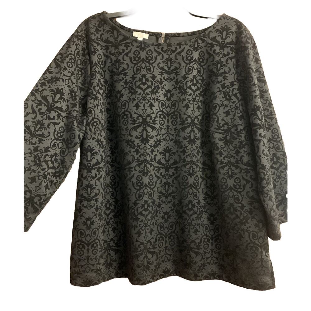 Talbots Blouse 2X Black Velvet Burnout Top Flocked 3/4 Sleeve Witchy Gothic
